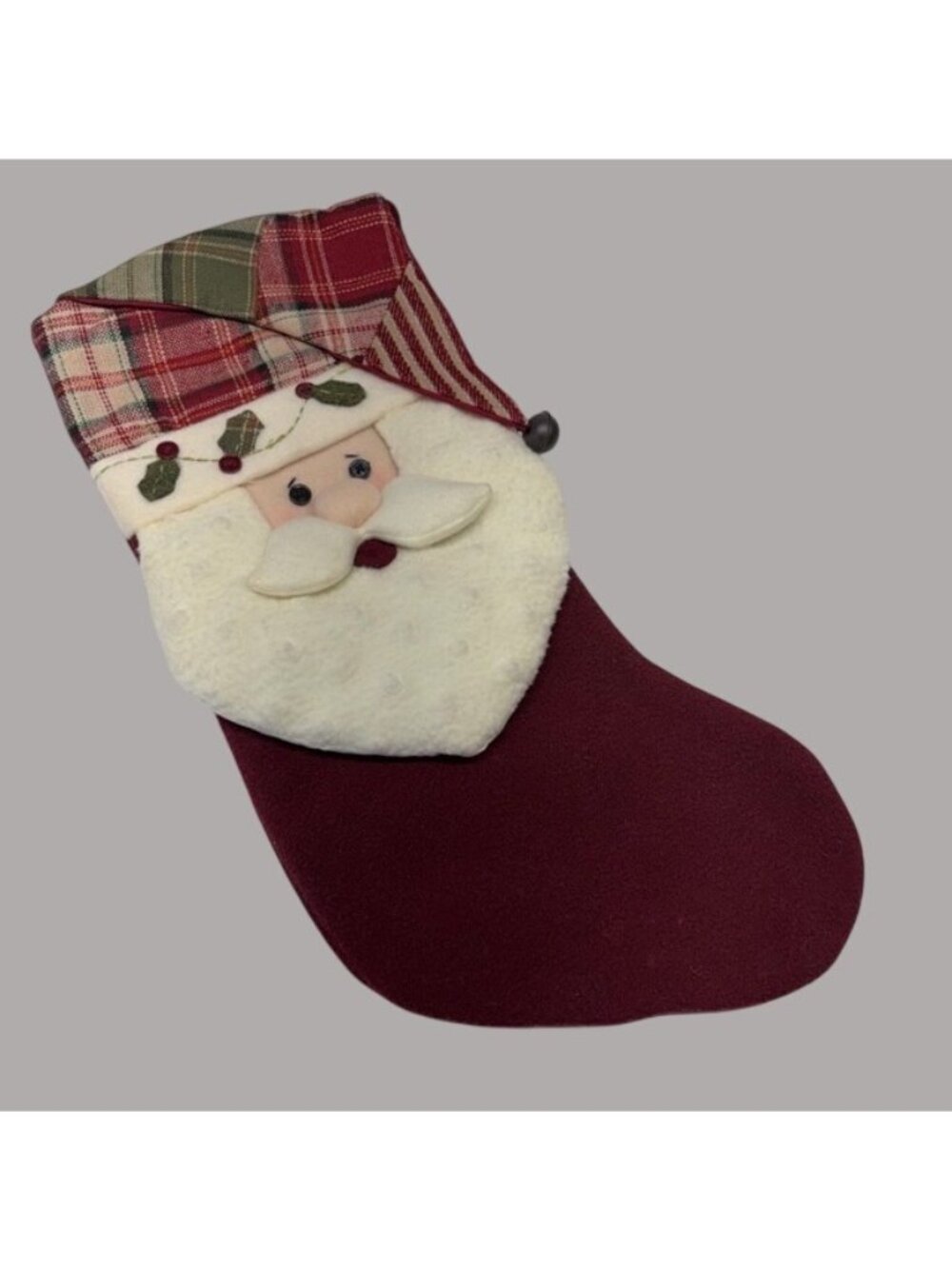 Santa Face Christmas Stocking Plaid Hat Red Fleece Body Holiday Decoration 20 In